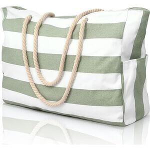 New Becokan Large Green White Striped Waterproof Sandproof Canvas Beach Tote Bag